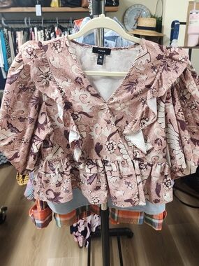 Aqua Dusty Pink Floral Ruffle Blouse